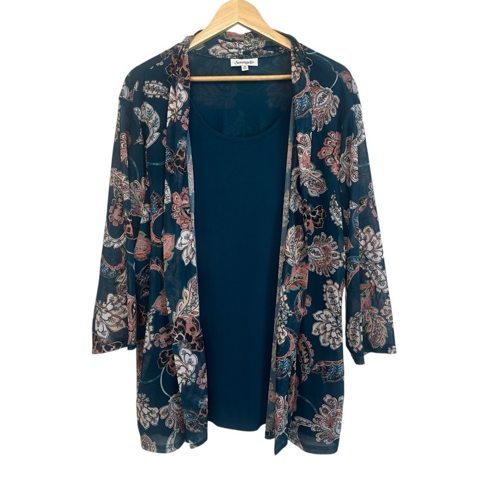 Women's 2X Layered Mesh Floral PLUS Work Casual 3/4 Sleeve Stretchy Soft Blouse
